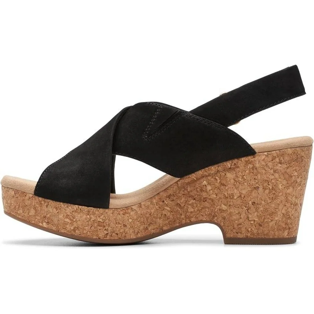 Clarks Giselle Dove Womens Sandals Black Nubuck Leather Wedge 9 Wide NWT